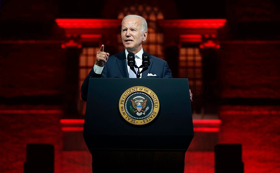 Angry Biden at Podium with Red Background