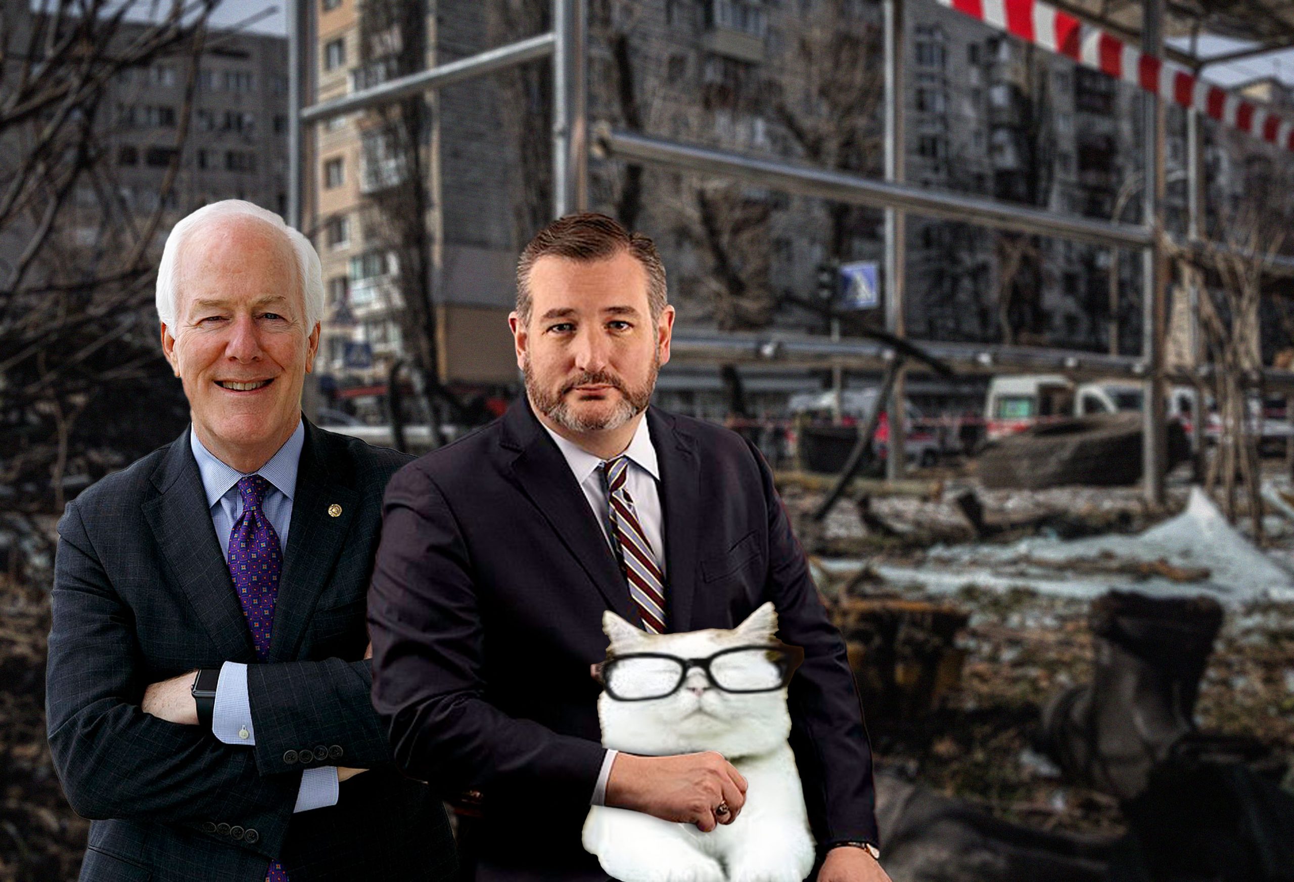 Ted Cruz, John Cornyn & Catturd sit in front of debris in Ukraine. Parody.