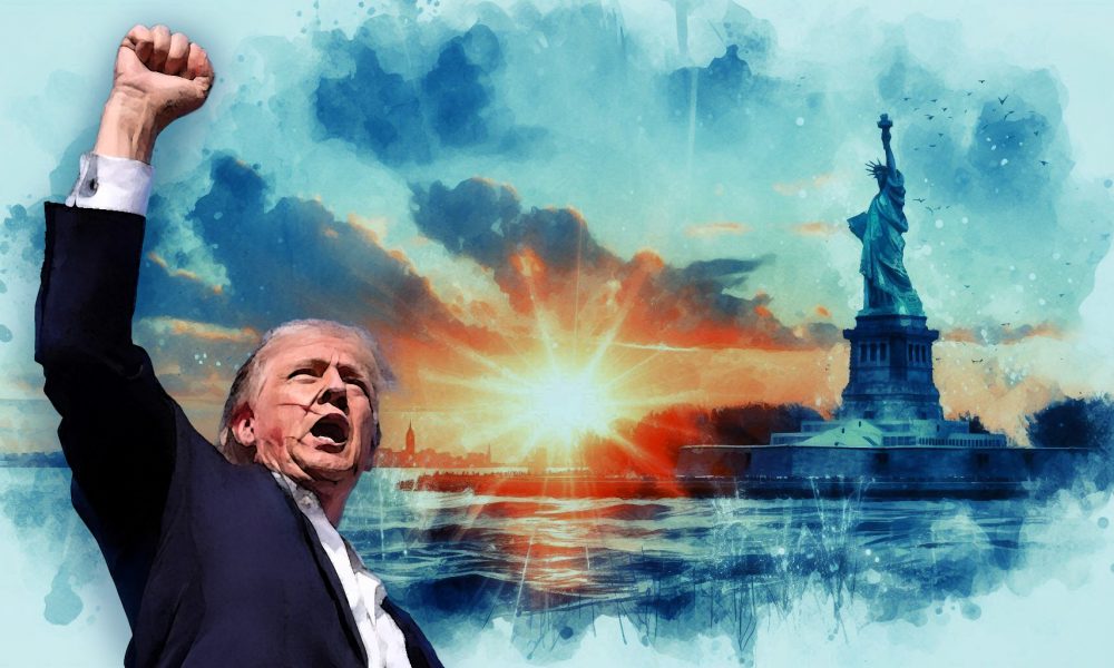 Watercolor of Trump, Fist up, bleeding, with sunrise and statue of liberty in background.