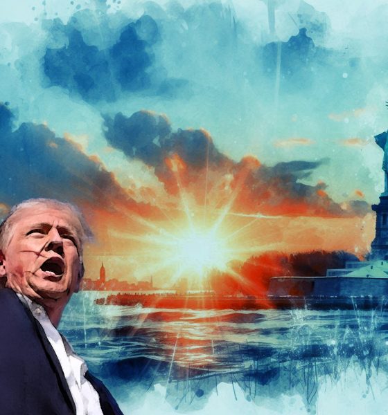 Watercolor of Trump, Fist up, bleeding, with sunrise and statue of liberty in background.