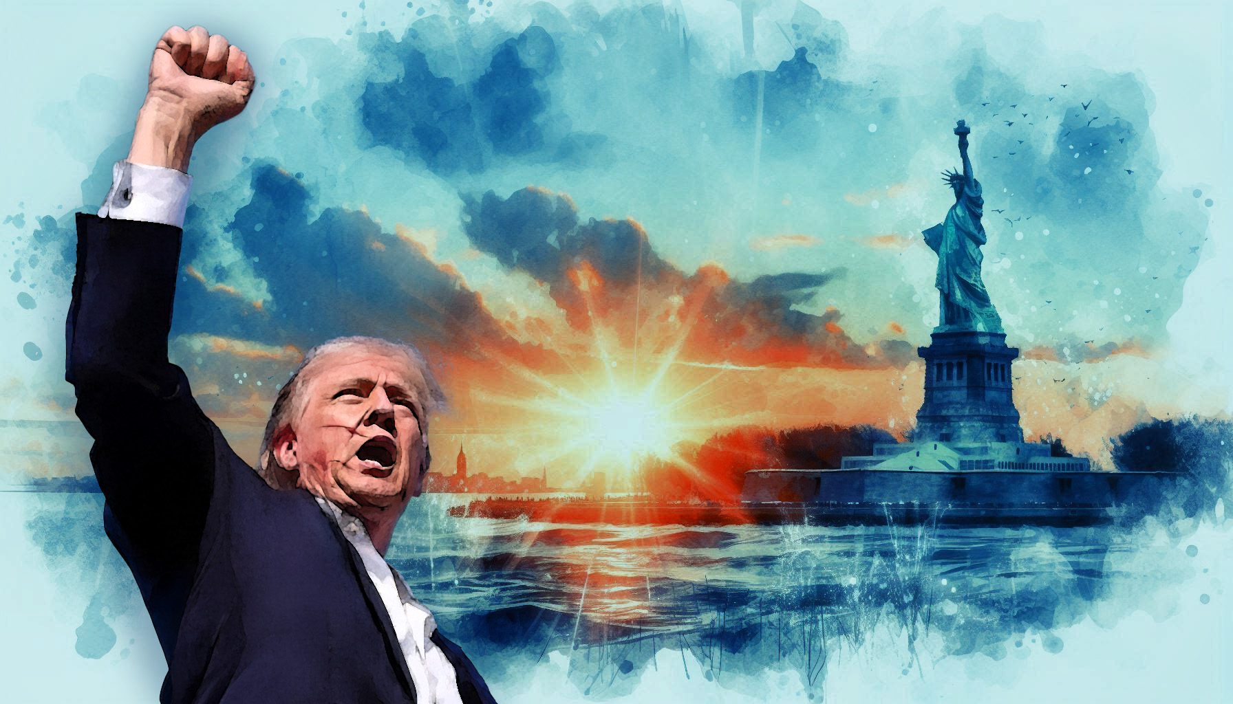 Watercolor of Trump, Fist up, bleeding, with sunrise and statue of liberty in background.