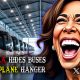 Kamala laughs at buses in airplane hanger