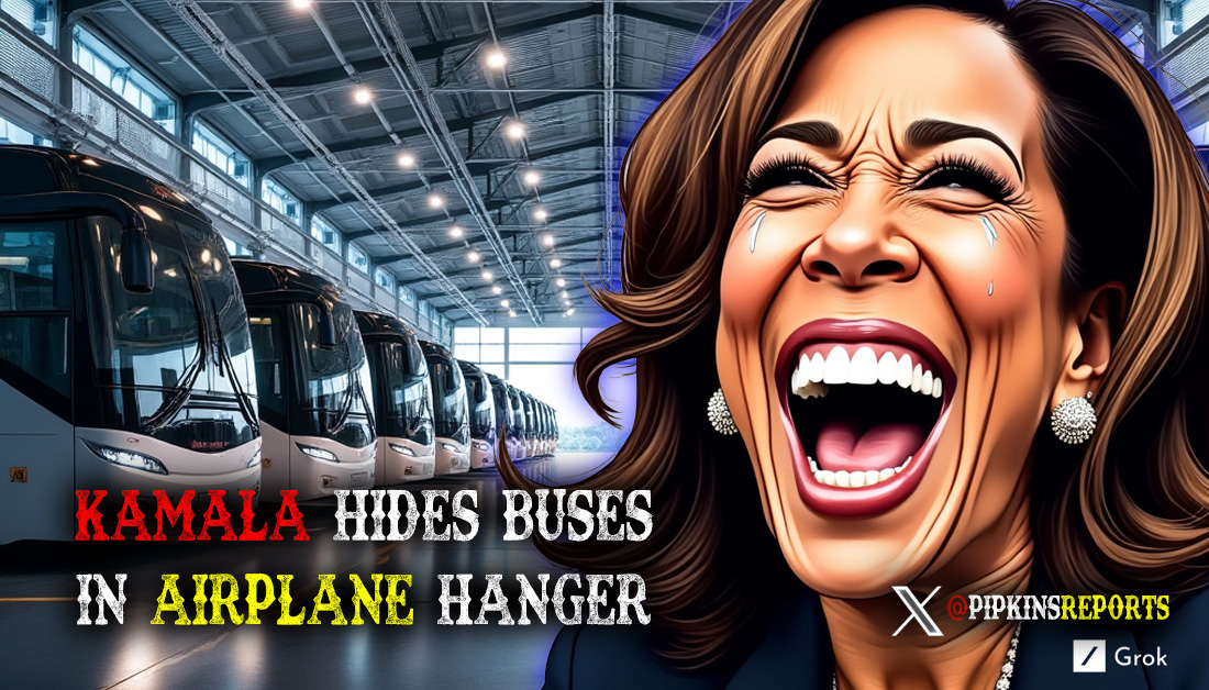 Kamala laughs at buses in airplane hanger