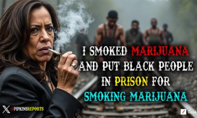 Kamala Harris smoking a joint in front of a chain gang