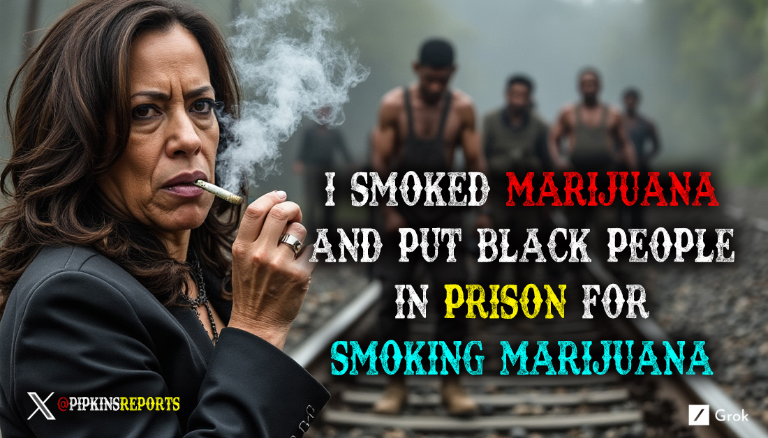 Kamala Harris smoking a joint in front of a chain gang